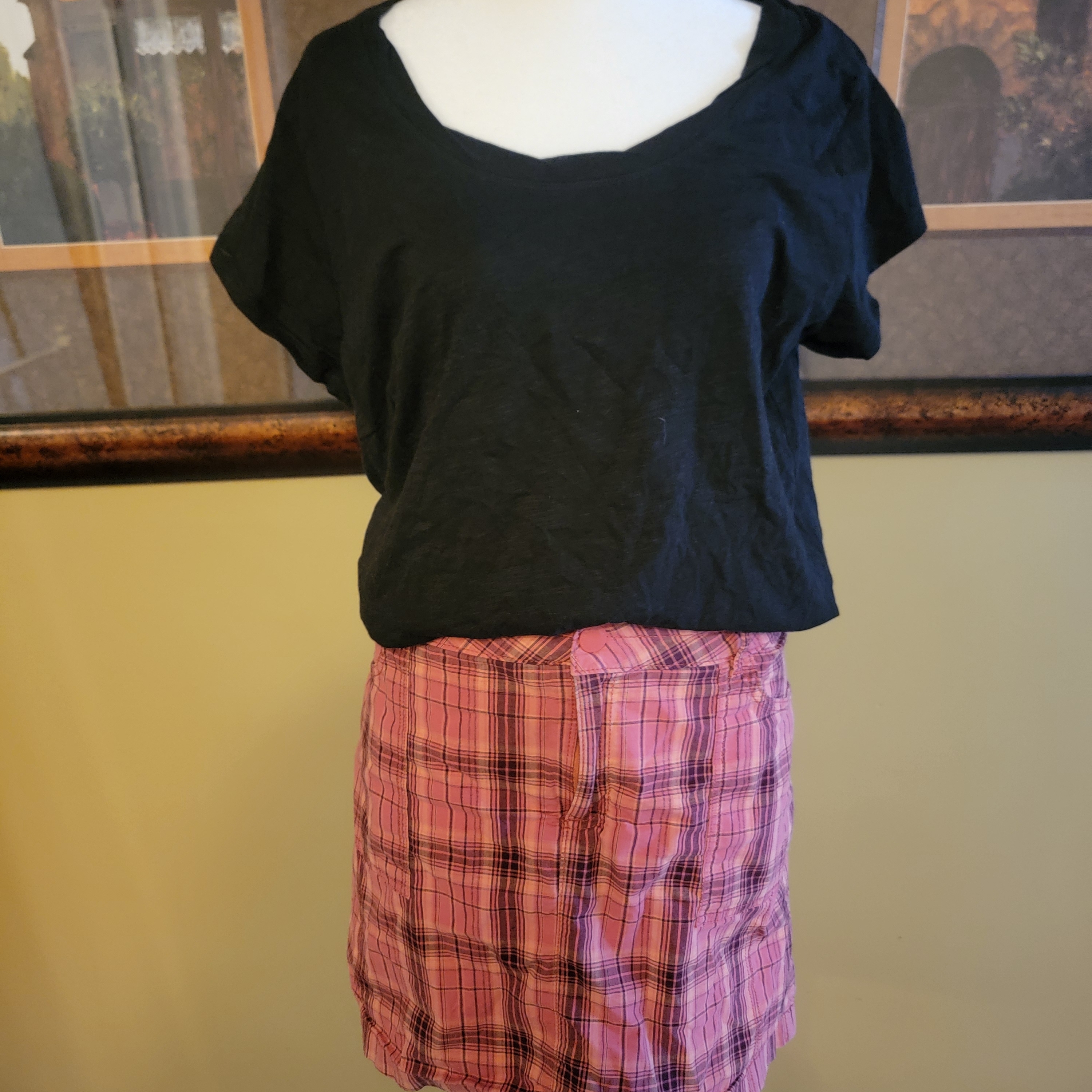 Sanctuary Black Top With Pink Plaid Skirt